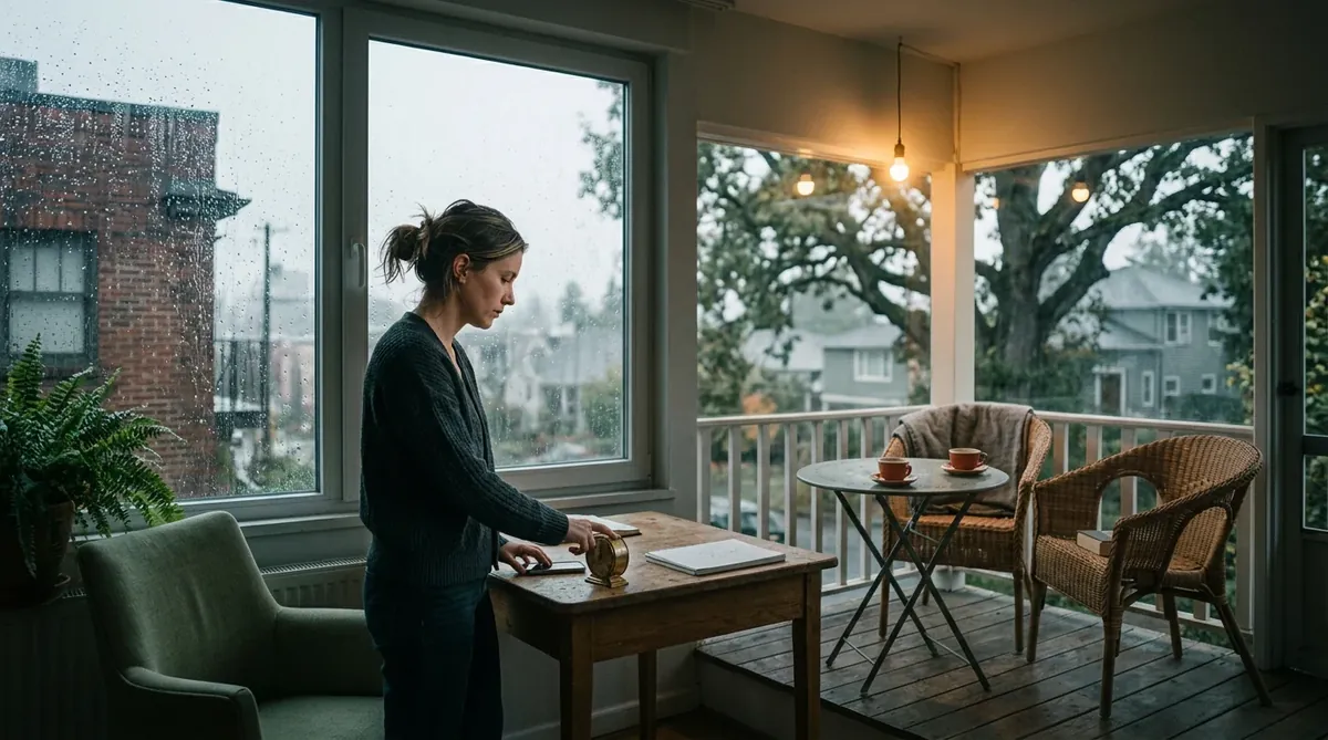 Lena at her desk by a rainy window, a brass timer in her hand.