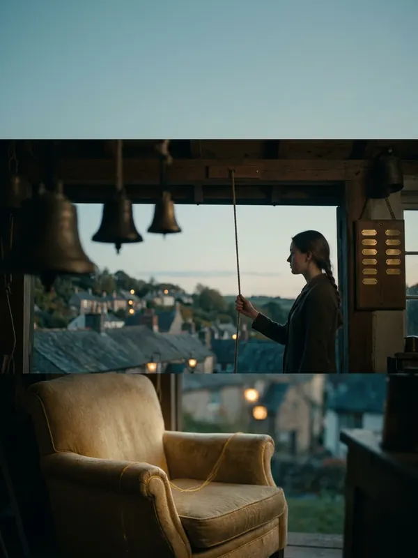 A woman ringing bells in a tower above a town at dusk.