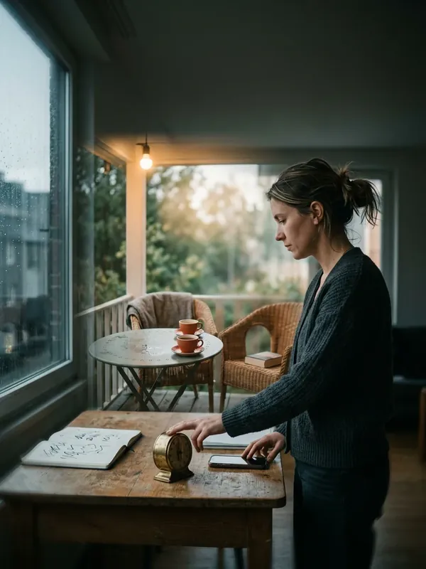 A woman with her hand on a brass kitchen timer by a rainy window.