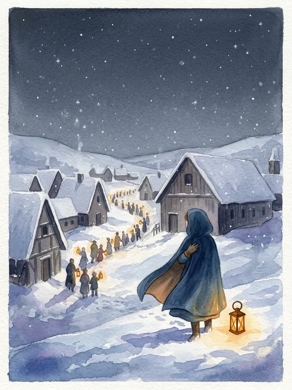 Watercolour of a snowy village at night with a line of lanterns.
