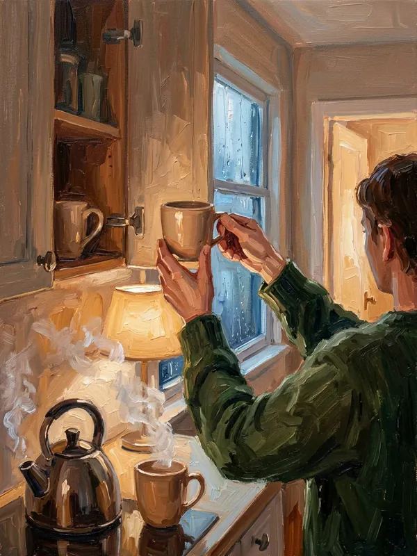 Oil painting of a man reaching for cups in a warm kitchen.