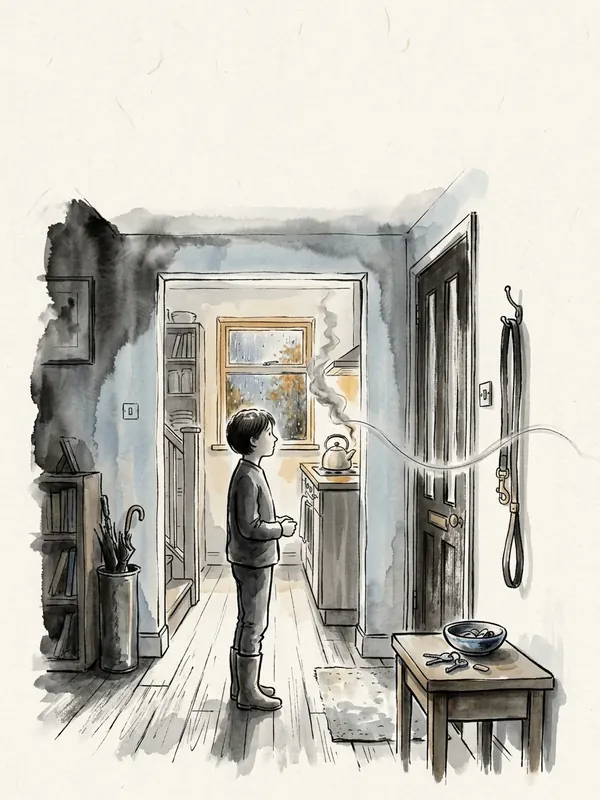 Ink-wash picture of a boy standing in a quiet doorway.