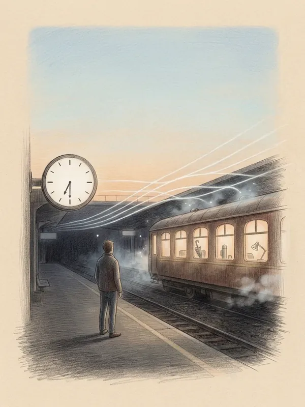 Pencil drawing of a man on a station platform at dawn beside a waiting train.