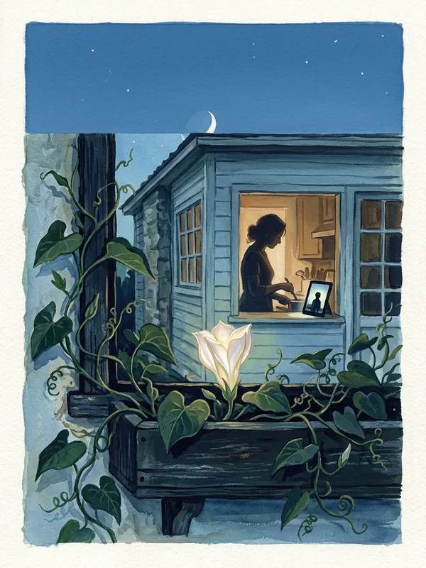 A lit window at night with a flower box, a woman inside on a video call.