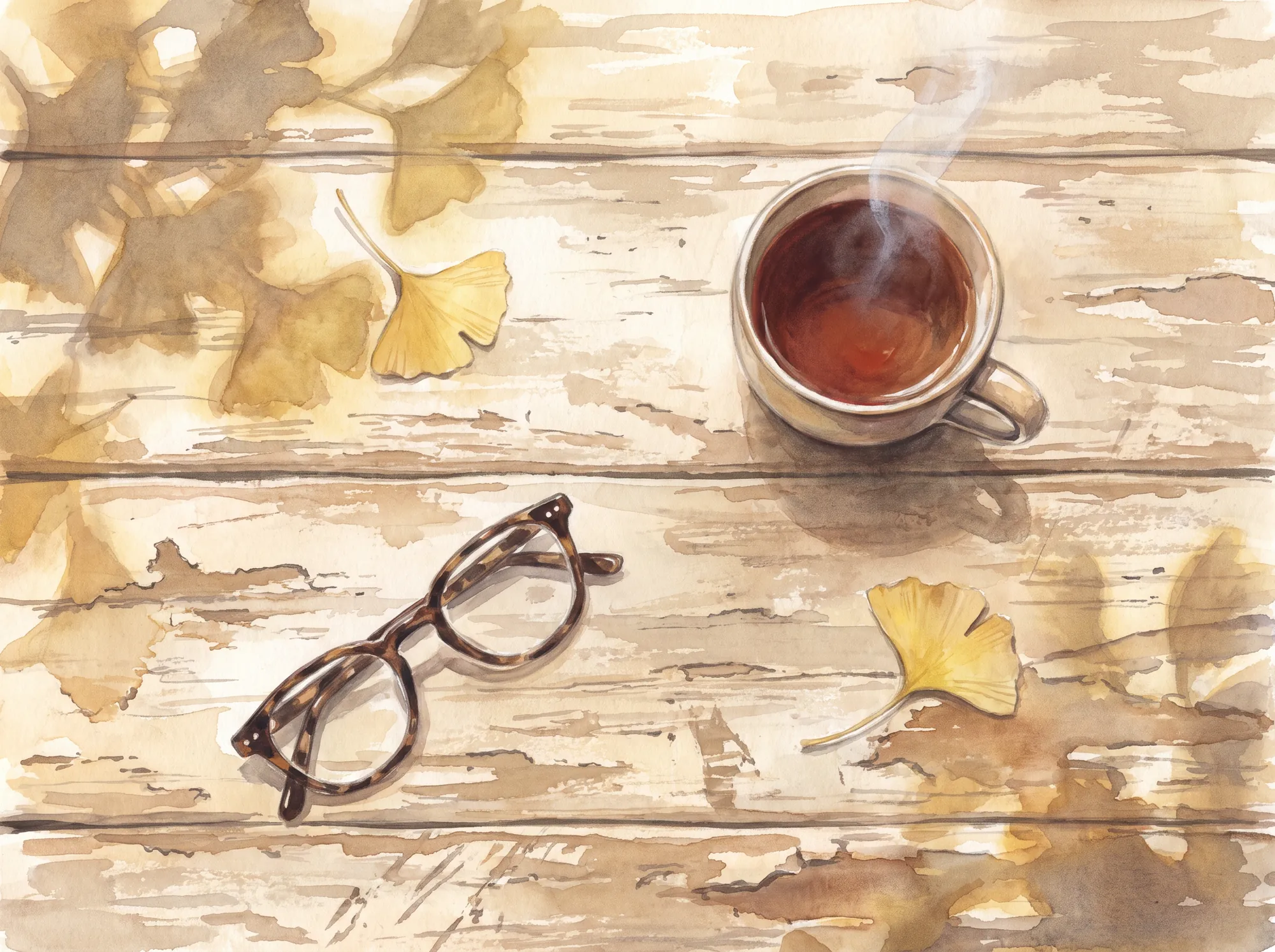 A worn porch table in late sun, with a cup of tea and a pair of reading glasses.