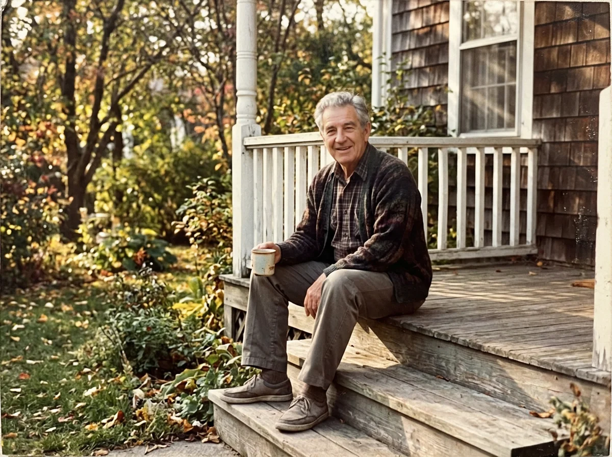 A sample photo: an old man smiling on a porch step with a mug of tea.