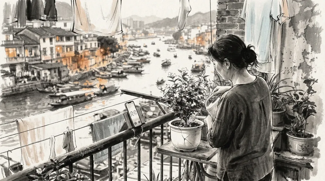 A woman watering jasmine on a balcony above a canal, in ink wash.