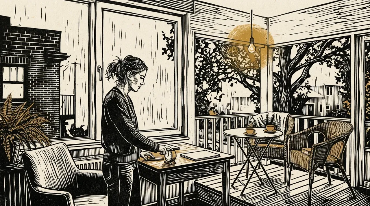 Lena at her desk by a rainy window, as a linocut print.