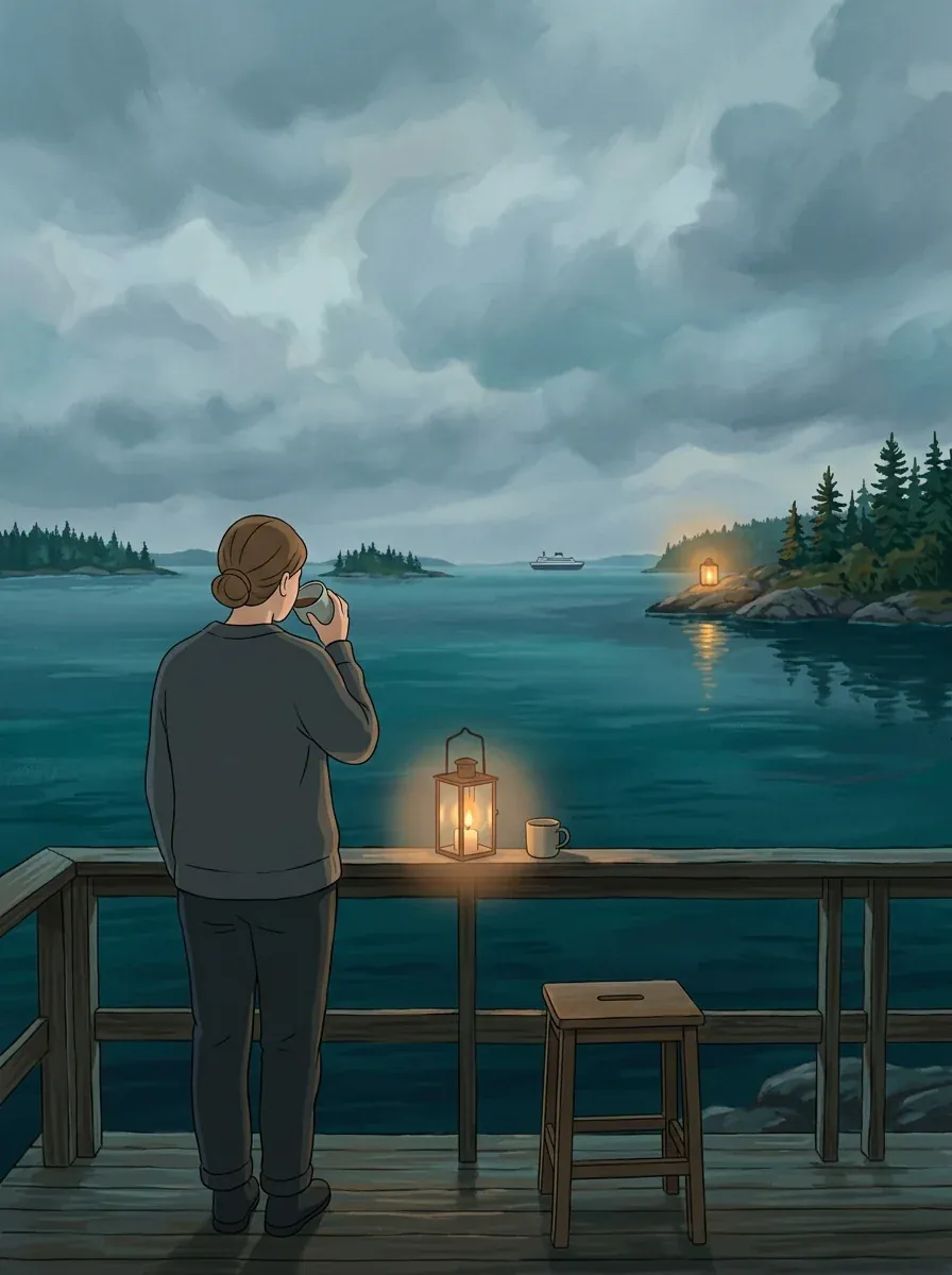 A woman on a jetty at dusk beside a lantern, as an animation still.