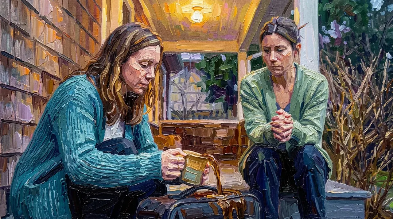 Two friends on a porch at night, in oil paint.