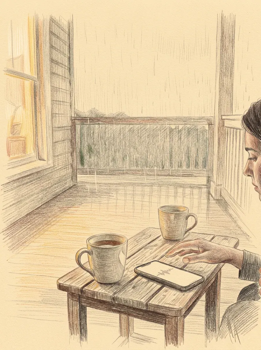Two mugs and a phone on a porch table, in coloured pencil.