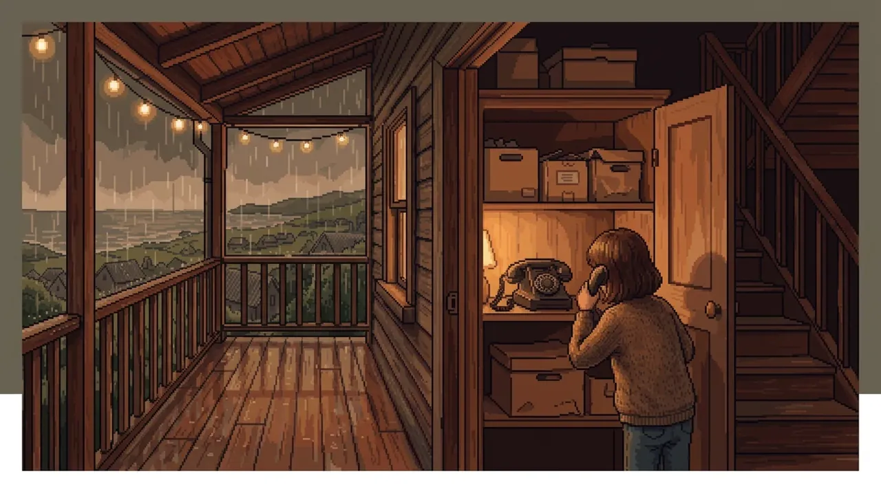 A woman on the phone beside an open porch door, as pixel art.