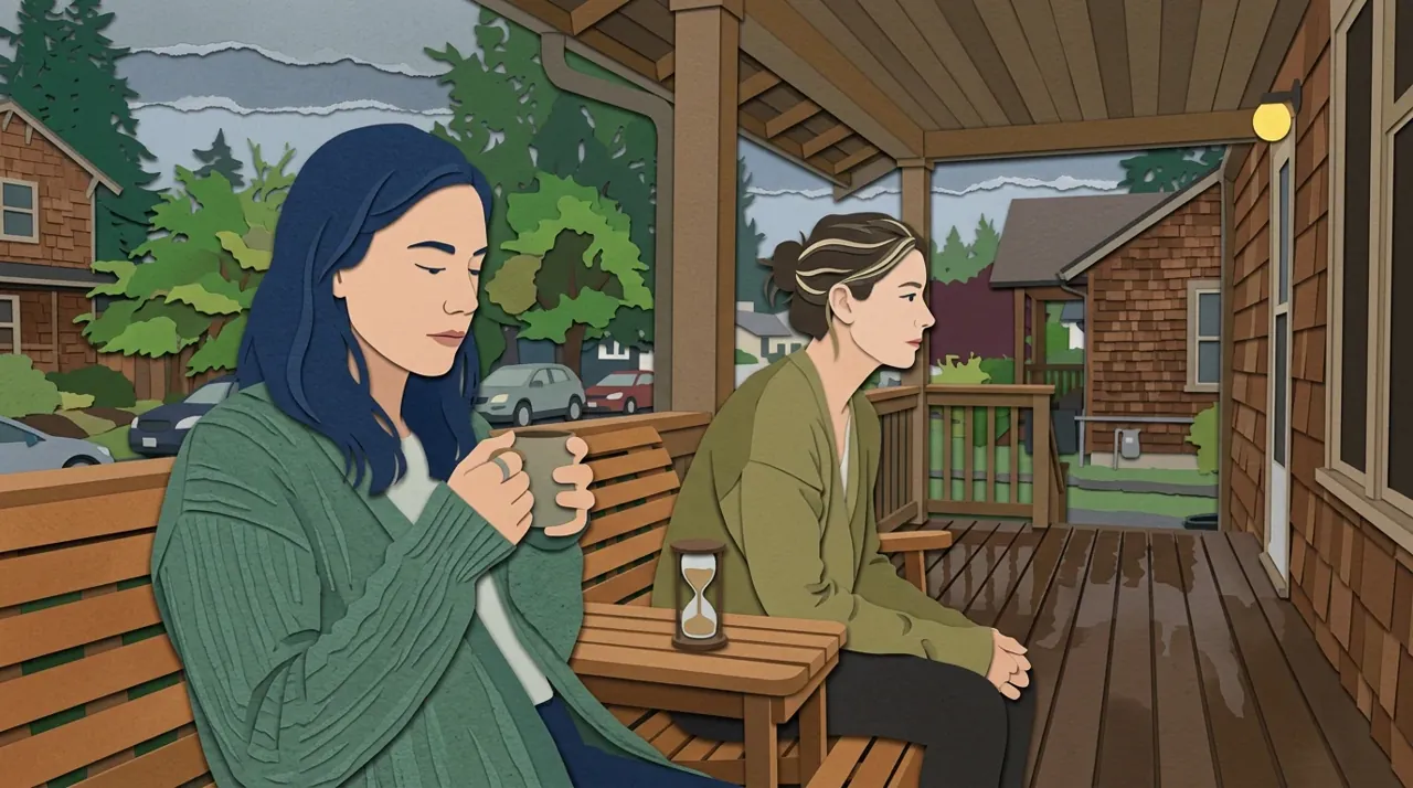 Two friends on a porch swing, in cut paper.