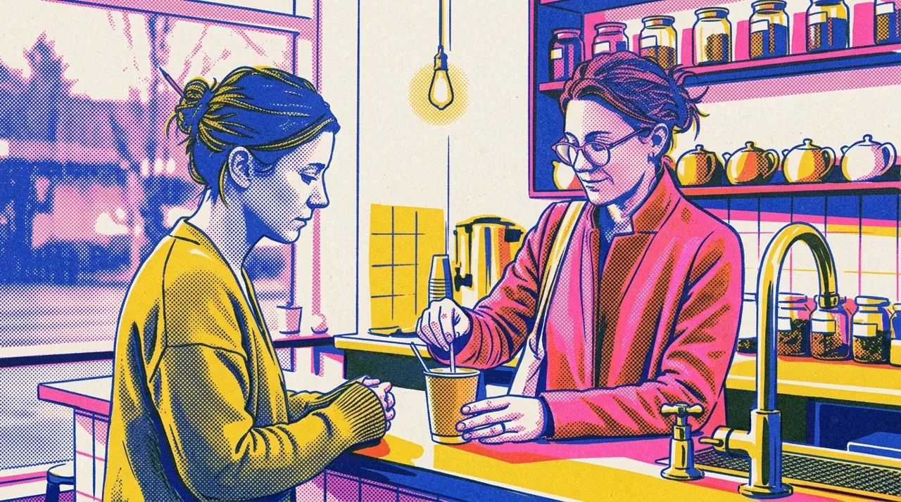 Two women at a tea shop counter, as a risograph print.