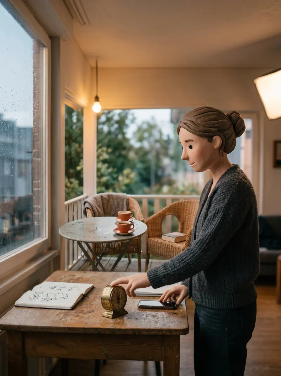 A woman with a brass timer by a rainy window, as a clay animation still.
