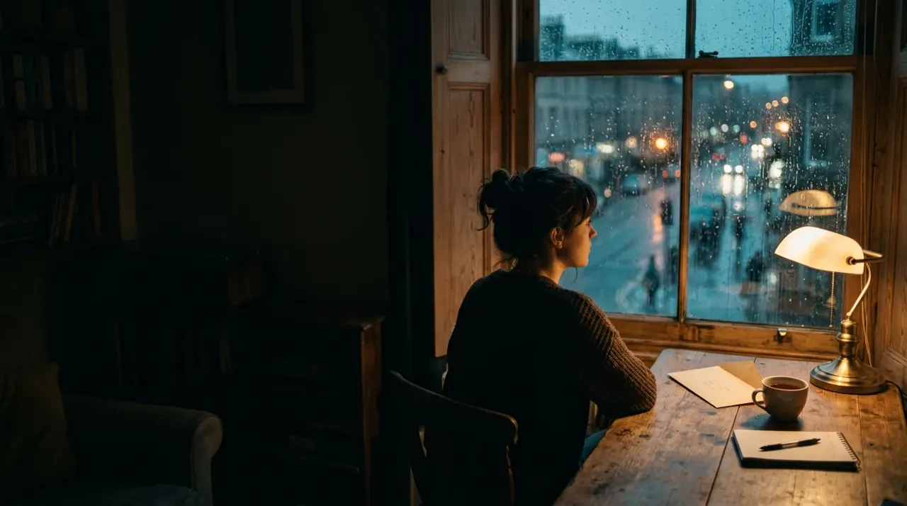 A woman at a desk by a rainy window at night, as a film still.