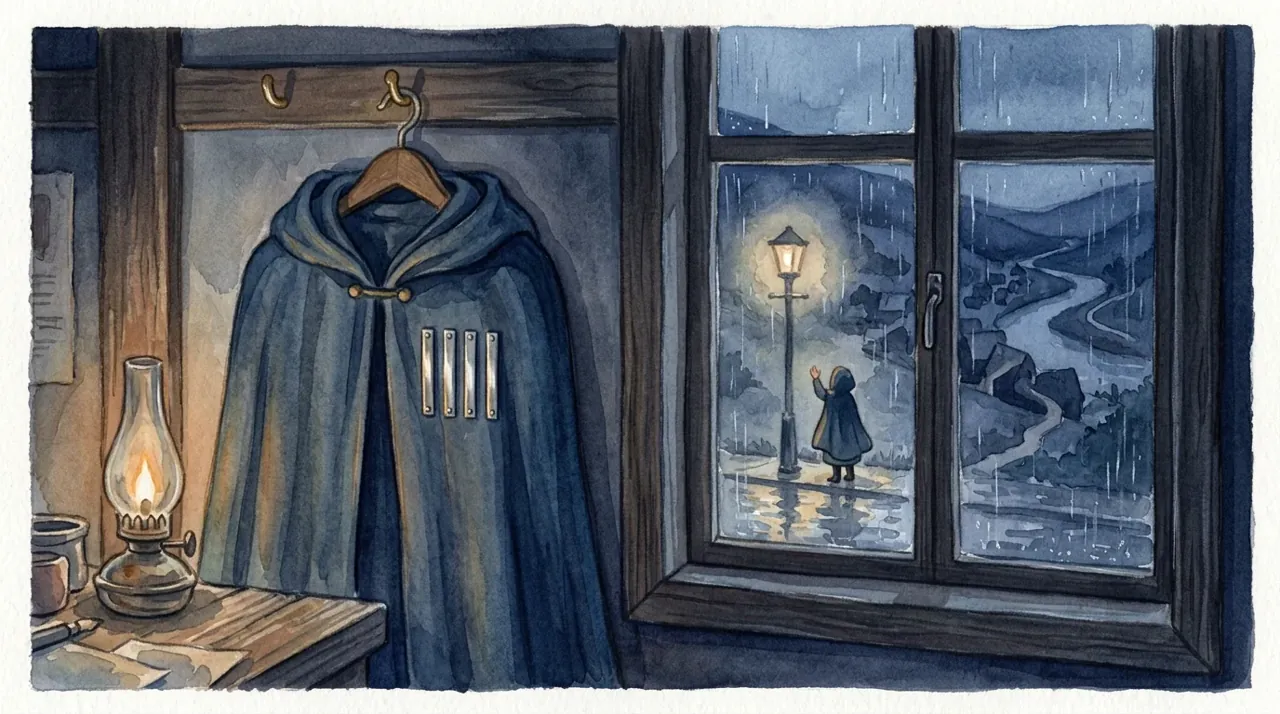 A cloak hanging by a window on a rainy night, in watercolour.